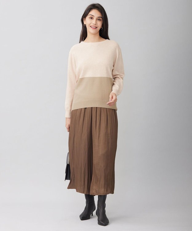 自由区 L 【洗える】セミウーステッドウールボートネック ニット ライトベージュ×ベージュ