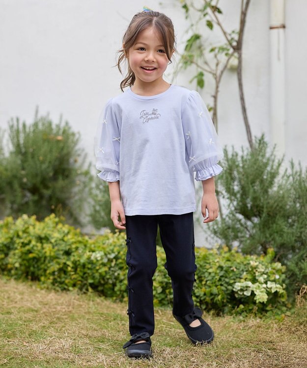 ANY KIDS リボン×チュール 七分袖Tシャツ サックスブルー