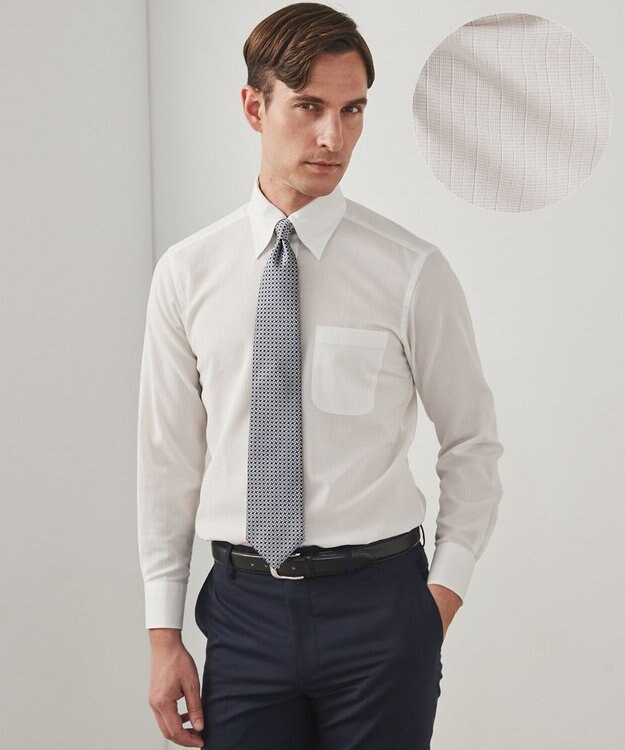 GOTAIRIKU 春夏向け【形態安定】SUMMERPREMIUMPLEATS_スナップダウンカラー _織柄_ 長袖ドレスシャツ(26年モデル) ホワイト系1(ドビーストライプ)