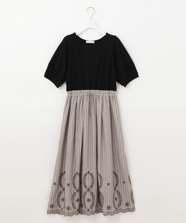 ANY SIS 【洗える】エンブロイダリーコンビ ワンピース ブラック×モカストライプ