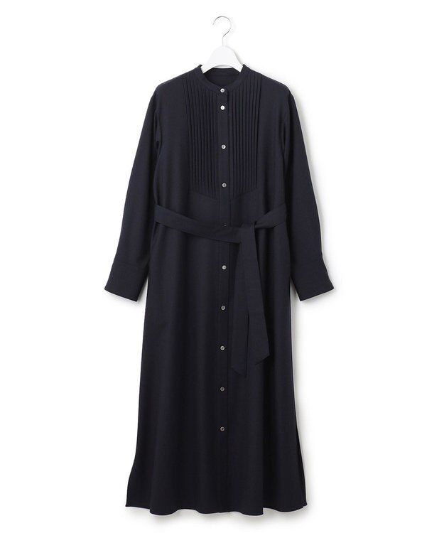 23区 L 【CLASSY.コラボ/洗える】ウールストレッチツイル ピンタック ワンピース ネイビー系