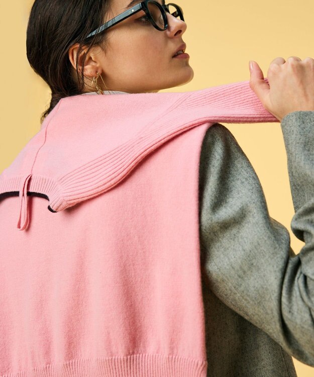 BEIGE， 【洗える】POMPE / ウールカシミヤ配色リブクルーネック Pink×Bordeaux