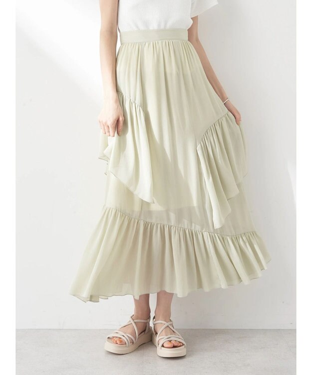 earth music&ecology シアー楊柳アシメティアードスカート Green
