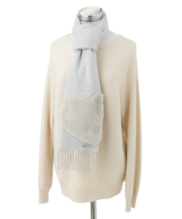 MOONBAT 【WEB限定】フルラ (FURLA)エコファー付きマフラー 無地×ハート　ウールマフラー ロゴプレート付き ライトグレー