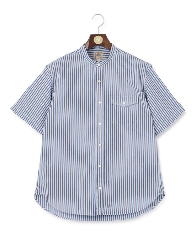 J.PRESS MEN 【クールマックス】サッカー マルチストライプ バンドカラーシャツ サックスブルー系1