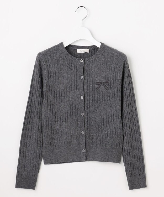 Feroux ケーブル編み×リボン刺繍 ニット カーディガン グレー系