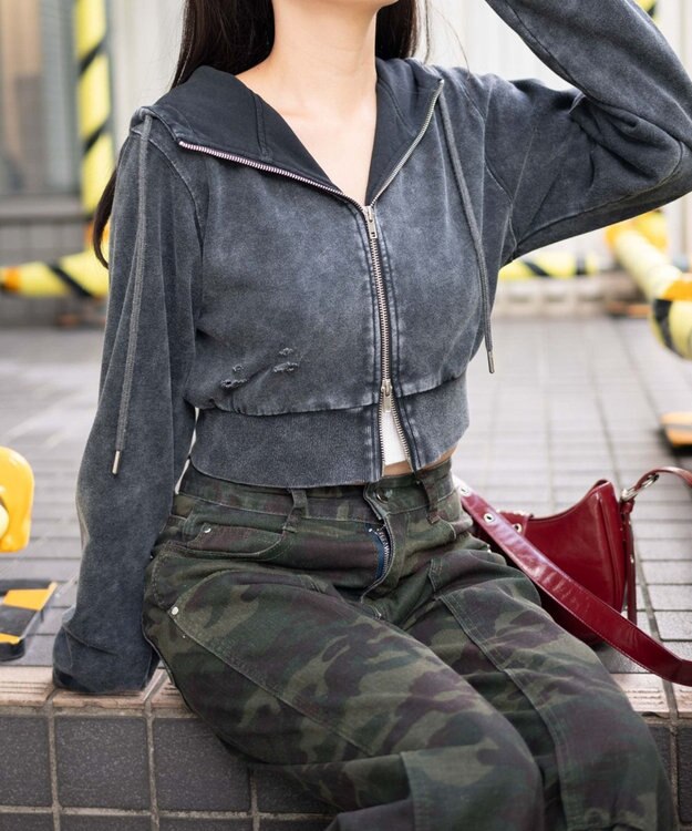 WEGO ヴィンテージウォッシュWジップショートパーカー ブラックその他