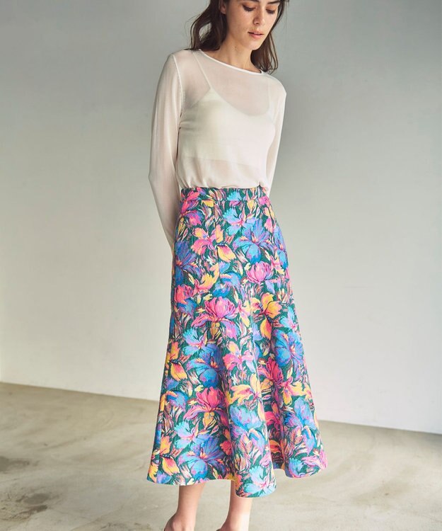 GRACE CONTINENTAL フラワージャガードフレアスカート ブルー