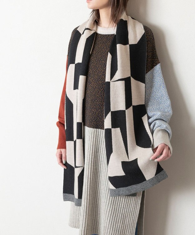 TRICOTE GEOMETRIC HERRINGBONE REBERSIBLE SCARF / キカヘリンボーンリバーマフラー 99BLACK