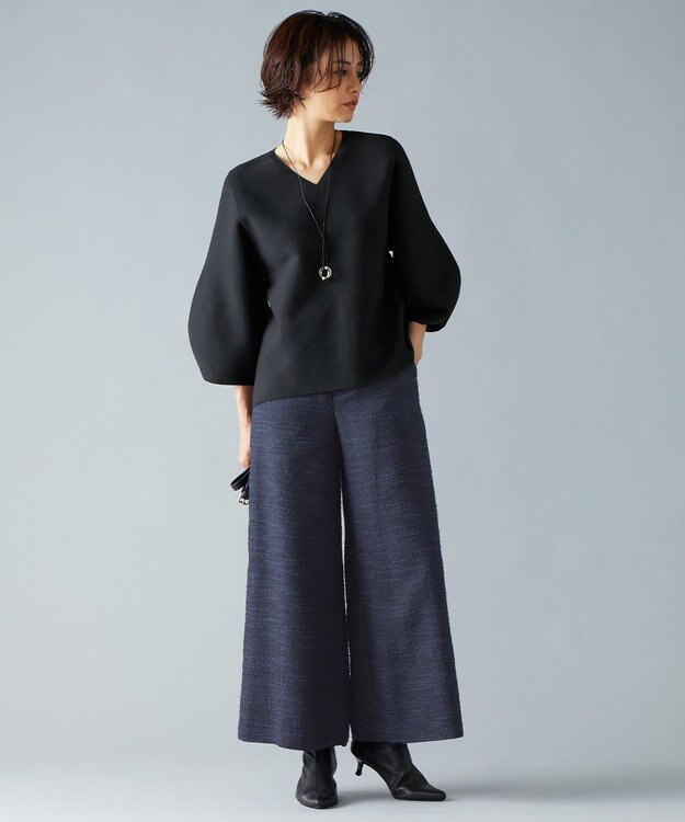 自由区 【洗える】エアリーツイードワイドクロップド パンツ ミッドナイト