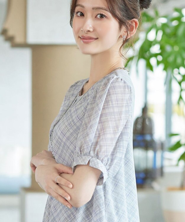 Tiaclasse L シフォンチェックパフスリーブチュニック グレー