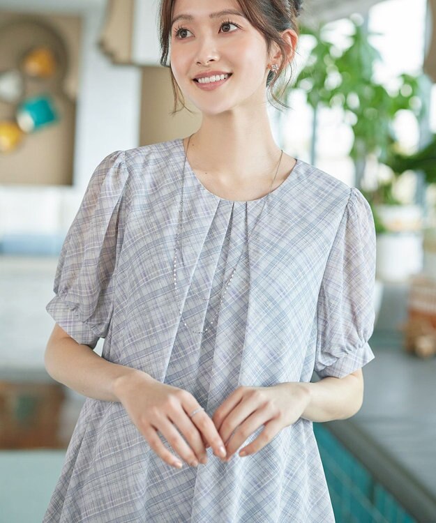 Tiaclasse L シフォンチェックパフスリーブチュニック グレー