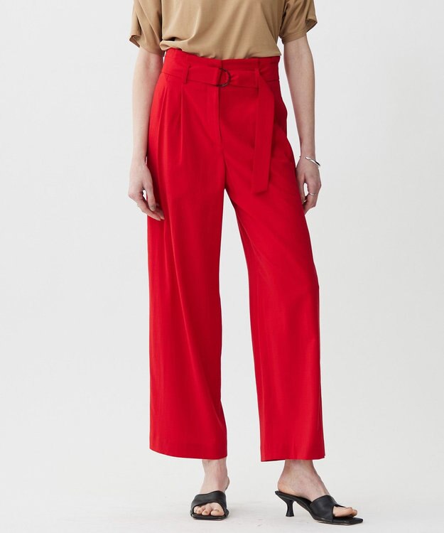 ICB 【接触冷感・UVカット・洗える】 T/Rドライリネン ワイドストレートパンツ レッド系