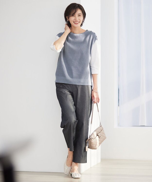 J.PRESS LADIES L 【洗える】 リネンコットン ニットベスト ダルブルー系