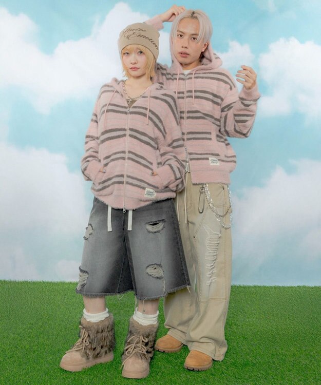 WEGO 【ユニセックス着用ITEM】シャギーボーダーニットパーカー ピンク