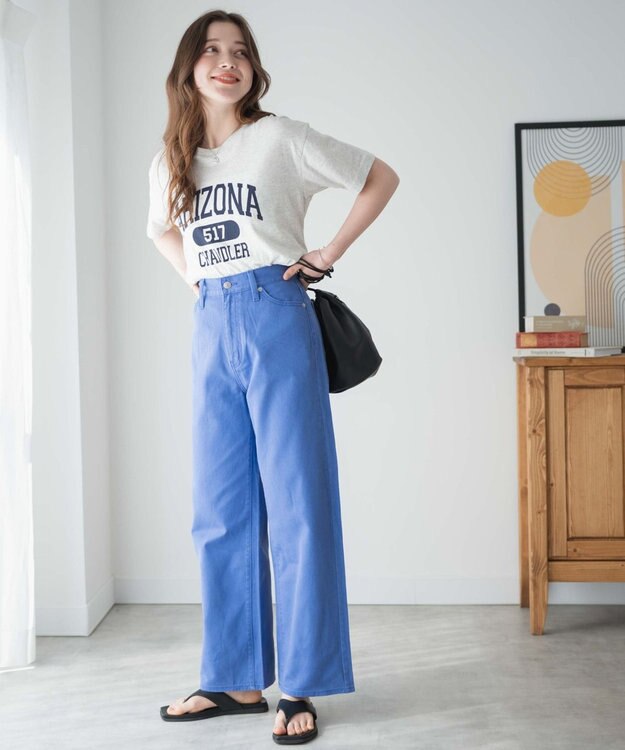 WEGO カラーウエストフィットワイドストレートパンツ ブルー