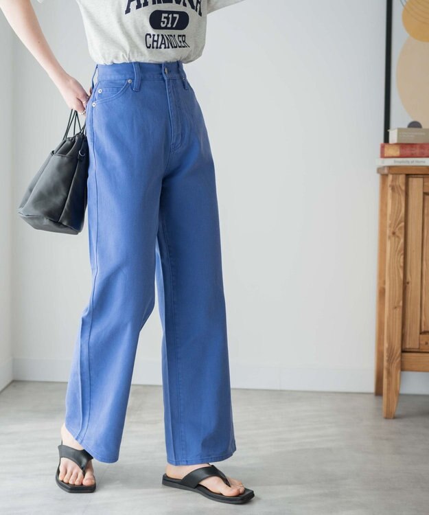 WEGO カラーウエストフィットワイドストレートパンツ ブルー