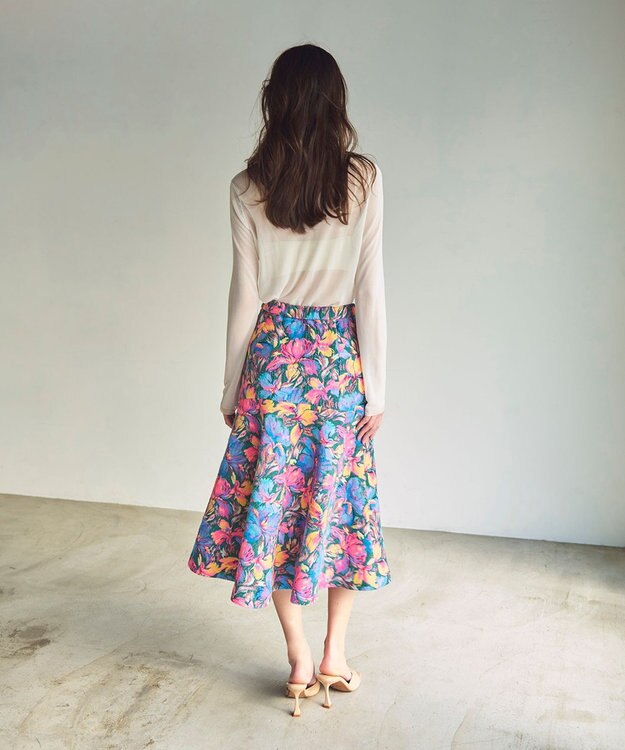 GRACE CONTINENTAL フラワージャガードフレアスカート ブルー