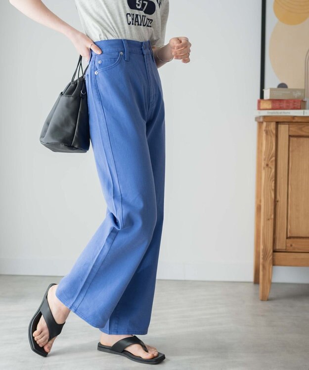 WEGO カラーウエストフィットワイドストレートパンツ ブルー