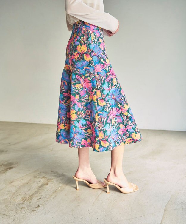 GRACE CONTINENTAL フラワージャガードフレアスカート ブルー