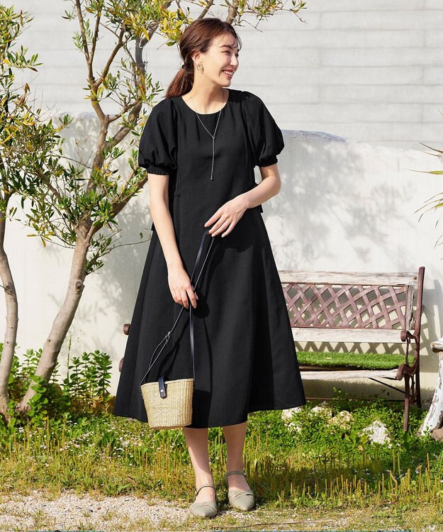 Tiaclasse 【洗える】バルーンスリーブサイドギャザーワンピース ブラック