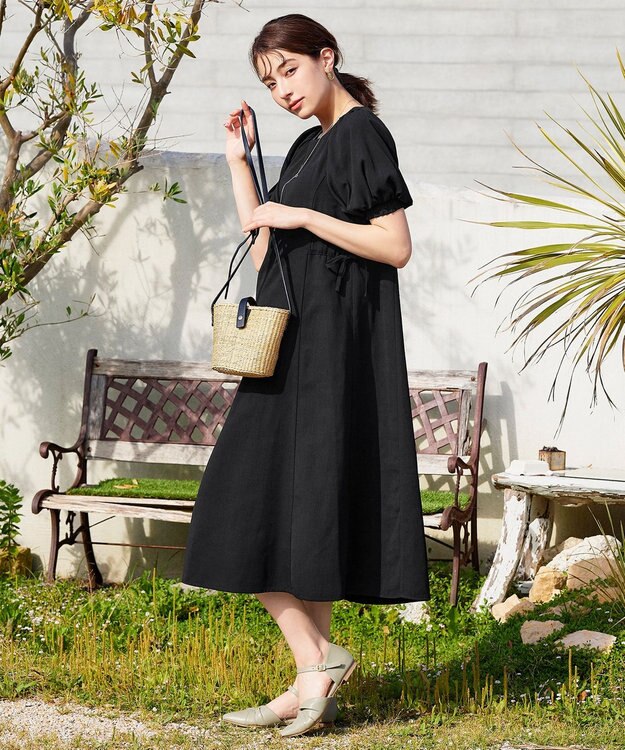 Tiaclasse 【洗える】バルーンスリーブサイドギャザーワンピース ブラック