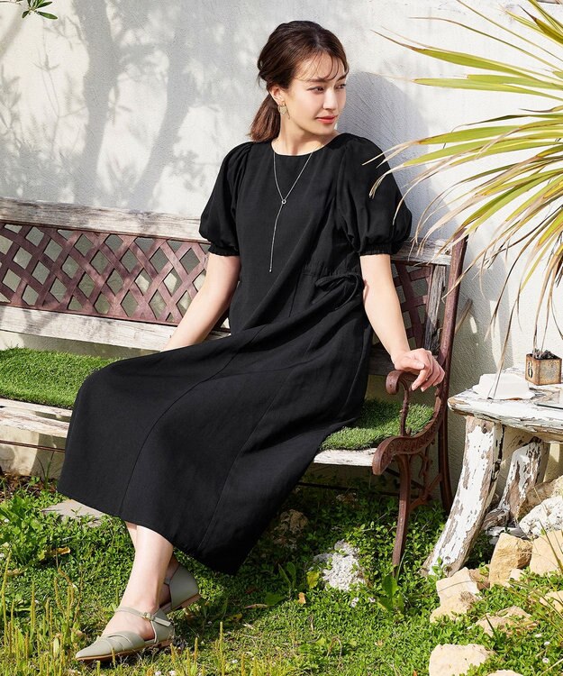 Tiaclasse 【洗える】バルーンスリーブサイドギャザーワンピース ブラック