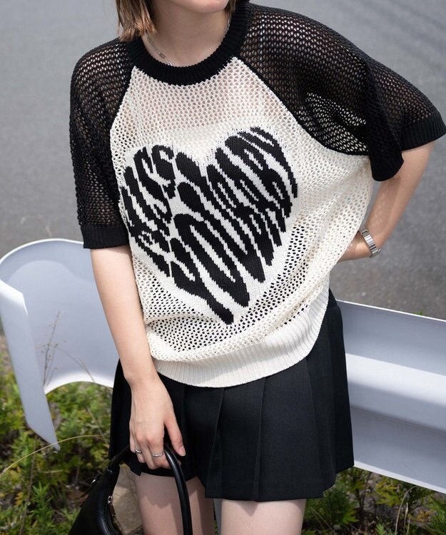 WEGO ハートロゴビッグメッシュニットT ブラック