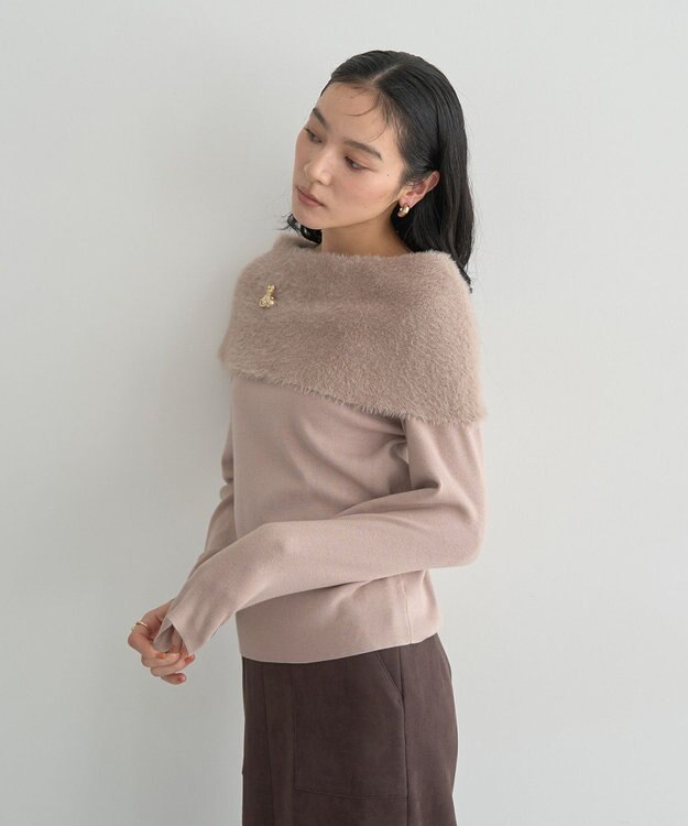 YECCA VECCA ファーMIXオフショルニット Beige