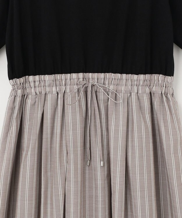 ANY SIS 【洗える】エンブロイダリーコンビ ワンピース ブラック×モカストライプ