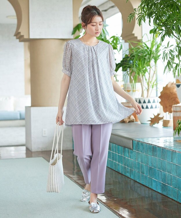 Tiaclasse L シフォンチェックパフスリーブチュニック グレー