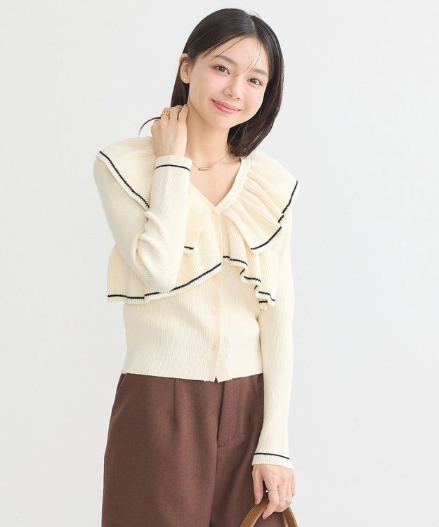 earth music&ecology Ｖネックフリルニットカーディガン Ivory