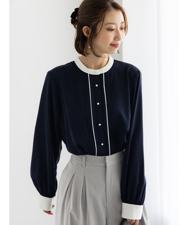 Te chichi パール釦フロントタックブラウス ネイビー