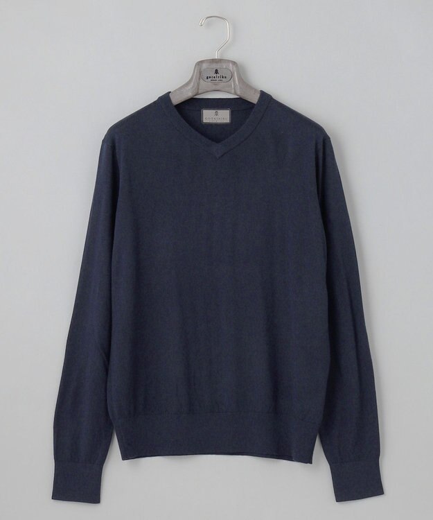 GOTAIRIKU オリジナル設計【洗える/チクチクしにくい/ピリングしにくい】イタリア糸 ハイゲージ Ｖネックニット_WOOL100% ネイビー系