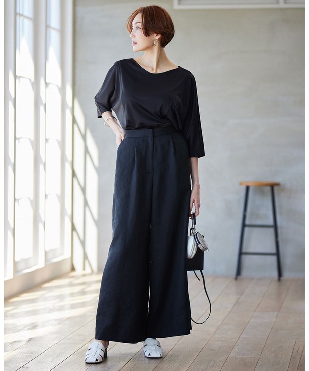 ICB 【洗える】トリアセサテンスムース 5分袖プルオーバー ネイビー系