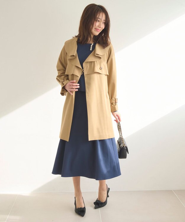 Feroux 【洗える】ラッフルカラーミドル丈 トレンチ キャメル系