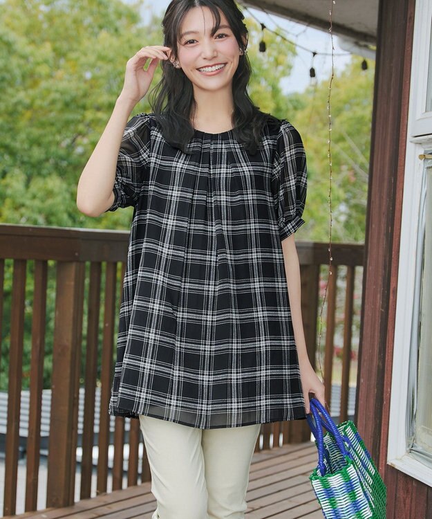 Tiaclasse L シフォンチェックパフスリーブチュニック ブラック