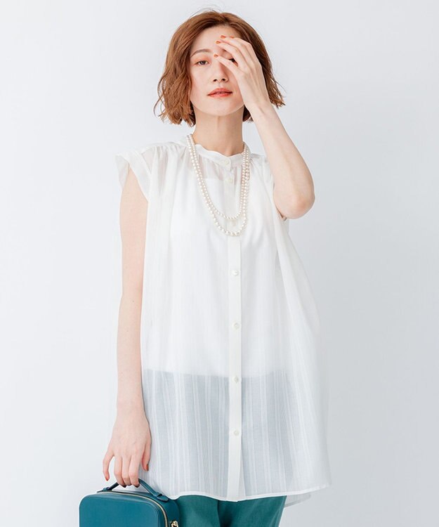 23区 【洗える】シアーストライプ ノースリーブ ブラウス ホワイト系