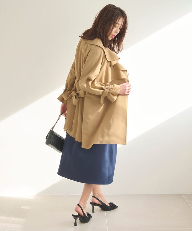 Feroux 【洗える】ラッフルカラーミドル丈 トレンチ キャメル系