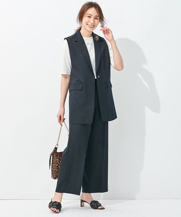 自由区 【接触冷感・速乾・UVカット・撥水・防シワ】リネンライクツイル ワイドストレート ネイビー系