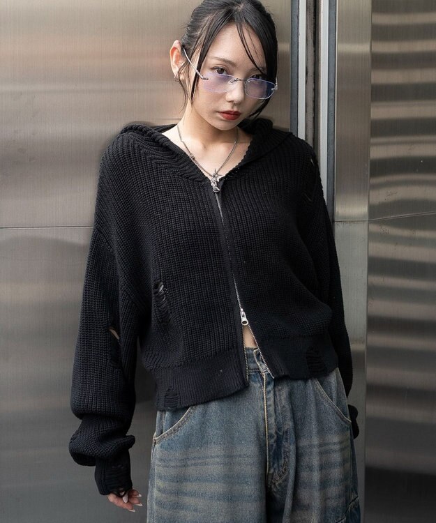 WEGO ダメージニットジップパーカー ブラック