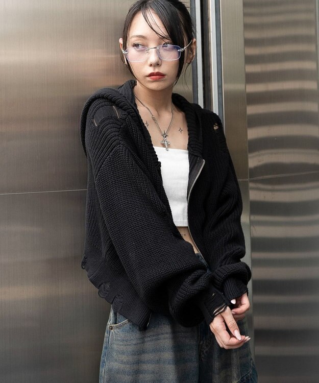 WEGO ダメージニットジップパーカー ブラック