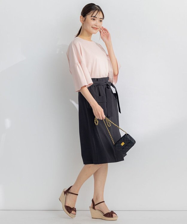 組曲 【ベルト付】リネン混オックスストレッチ キュロットパンツ ブラック系