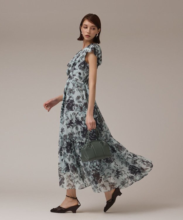 GRACE CONTINENTAL フラワープリントフリルワンピース グリーン