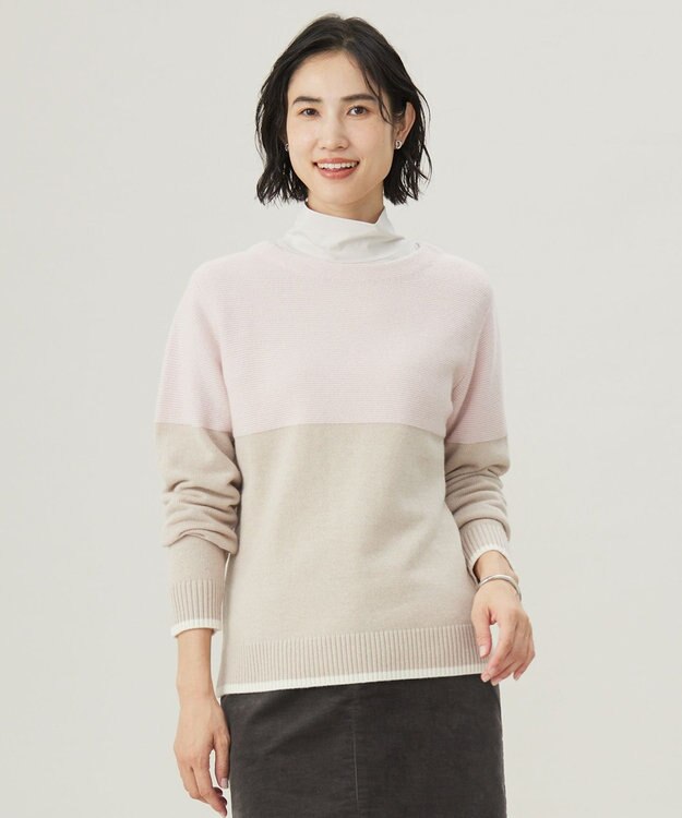 J.PRESS LADIES L 【WEB限定カラーあり・洗える】CAT ボートネック ブロッキング ニット ピンク×ベージュ×オフ系