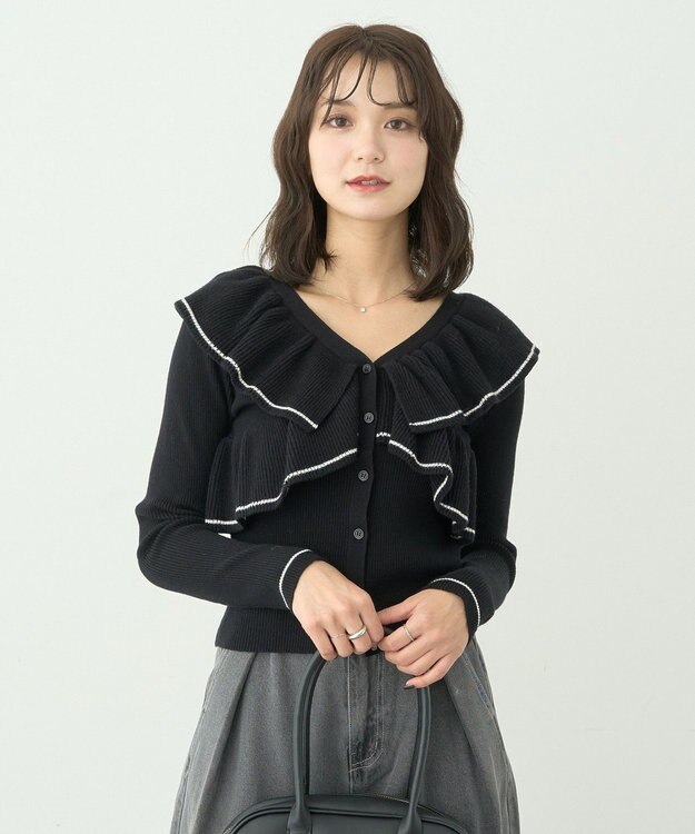 earth music&ecology Ｖネックフリルニットカーディガン Black