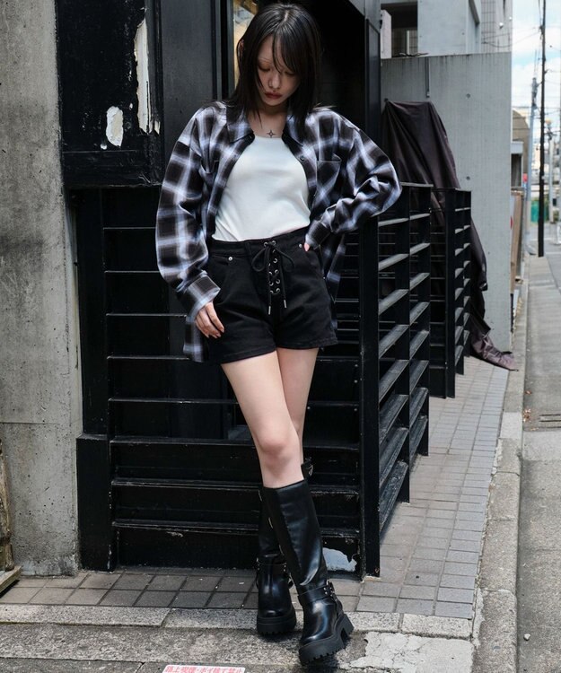 WEGO レースアップデニムショートパンツ ブラック