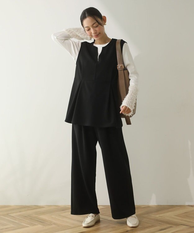 Green Parks 楽ちんリップルペプラムベスト Black