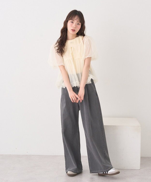 earth music&ecology ＳＥＴ２点チュールバルーンブラウス＋ロゴタンク Ivory