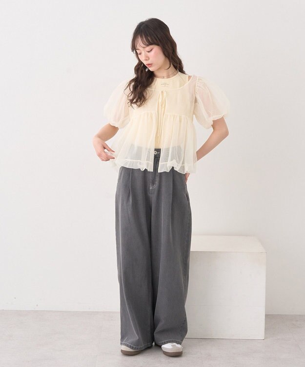 earth music&ecology ＳＥＴ２点チュールバルーンブラウス＋ロゴタンク Ivory